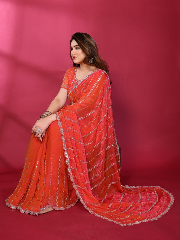 Gajari Orange Shimmer Georgette Sequin Embroidered Designer Saree