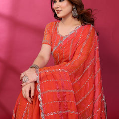 Gajari Orange Shimmer Georgette Sequin Embroidered Designer Saree