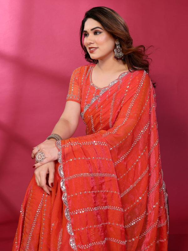 Gajari Orange Shimmer Georgette Sequin Embroidered Designer Saree