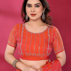 Gajari Orange Shimmer Georgette Sequin Embroidered Designer Saree