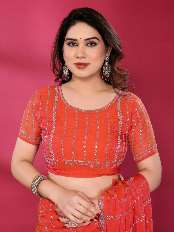 Gajari Orange Shimmer Georgette Sequin Embroidered Designer Saree