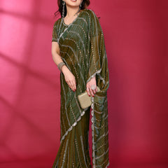 Olive Green Shimmer Georgette Sequin Embroidered Designer Saree