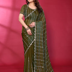 Olive Green Shimmer Georgette Sequin Embroidered Designer Saree