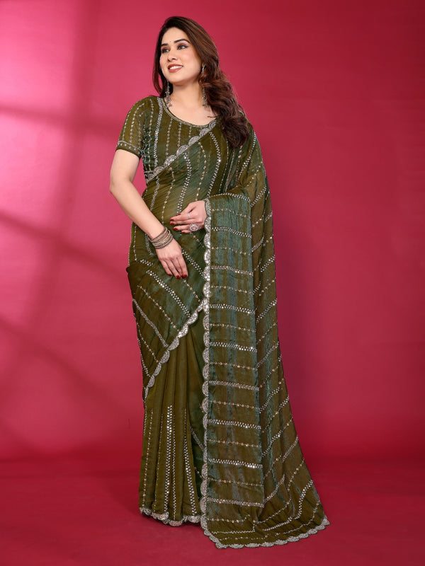 Olive Green Shimmer Georgette Sequin Embroidered Designer Saree
