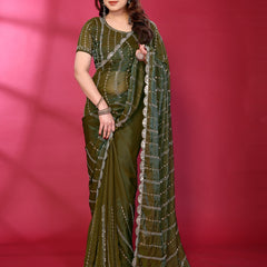 Olive Green Shimmer Georgette Sequin Embroidered Designer Saree