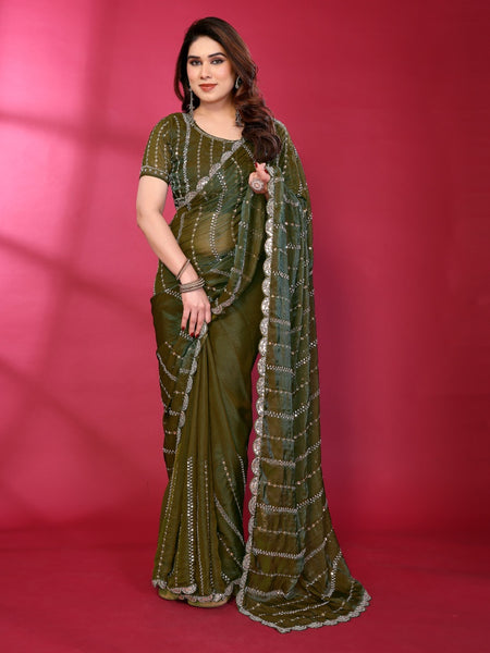 Olive Green Shimmer Georgette Sequin Embroidered Designer Saree