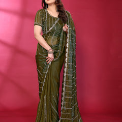 Olive Green Shimmer Georgette Sequin Embroidered Designer Saree