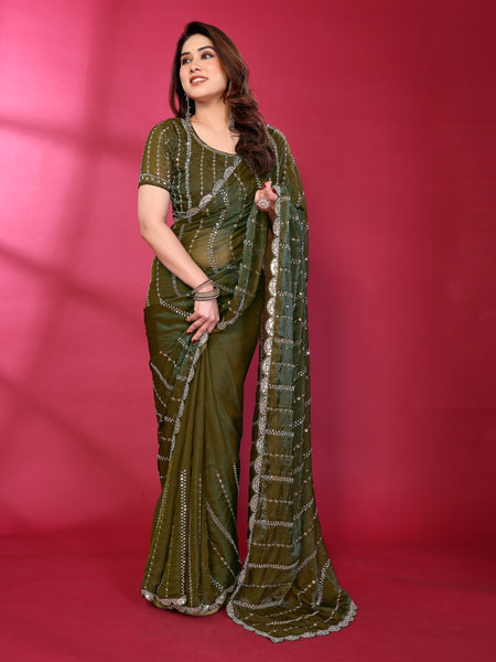Olive Green Shimmer Georgette Sequin Embroidered Designer Saree