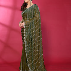 Olive Green Shimmer Georgette Sequin Embroidered Designer Saree