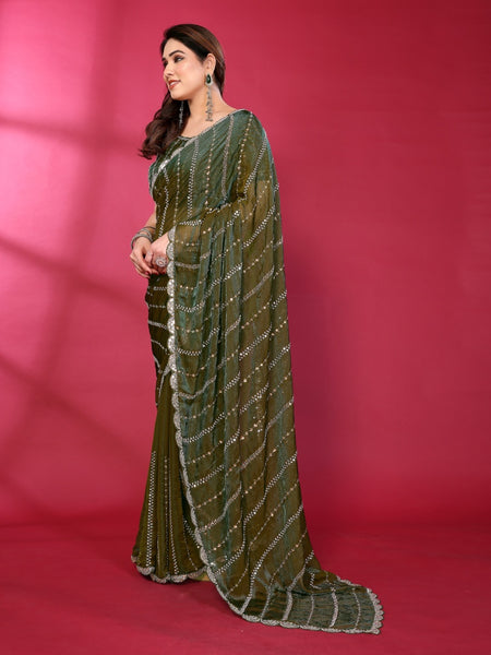 Olive Green Shimmer Georgette Sequin Embroidered Designer Saree