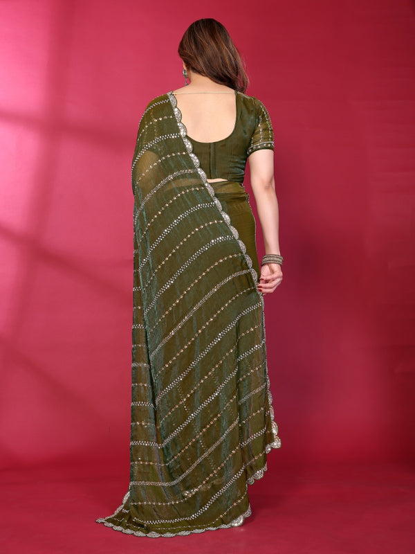 Olive Green Shimmer Georgette Sequin Embroidered Designer Saree