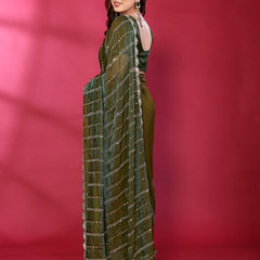 Olive Green Shimmer Georgette Sequin Embroidered Designer Saree