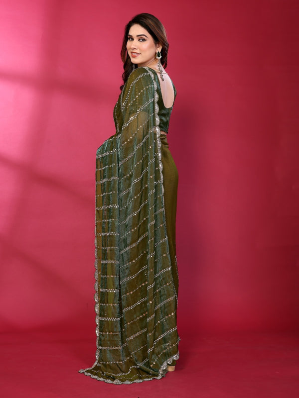 Olive Green Shimmer Georgette Sequin Embroidered Designer Saree