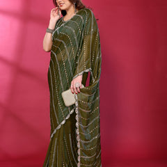 Olive Green Shimmer Georgette Sequin Embroidered Designer Saree