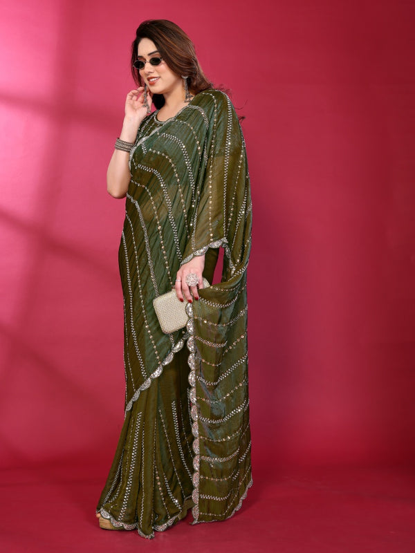 Olive Green Shimmer Georgette Sequin Embroidered Designer Saree