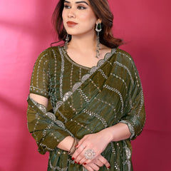 Olive Green Shimmer Georgette Sequin Embroidered Designer Saree