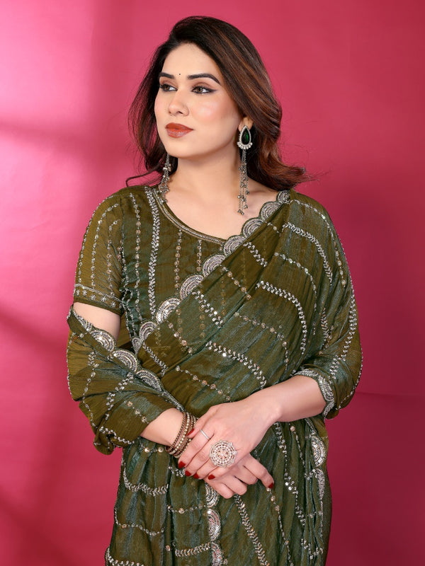 Olive Green Shimmer Georgette Sequin Embroidered Designer Saree