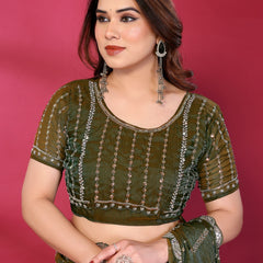 Olive Green Shimmer Georgette Sequin Embroidered Designer Saree