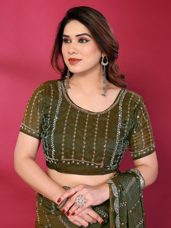Olive Green Shimmer Georgette Sequin Embroidered Designer Saree
