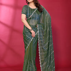 Morpich Teal Shimmer Georgette Sequin Embroidered Designer Saree