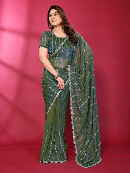 Morpich Teal Shimmer Georgette Sequin Embroidered Designer Saree