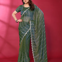 Morpich Teal Shimmer Georgette Sequin Embroidered Designer Saree