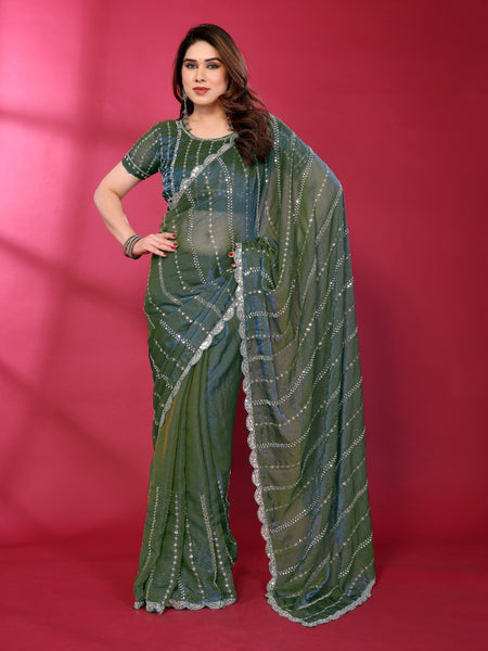 Morpich Teal Shimmer Georgette Sequin Embroidered Designer Saree