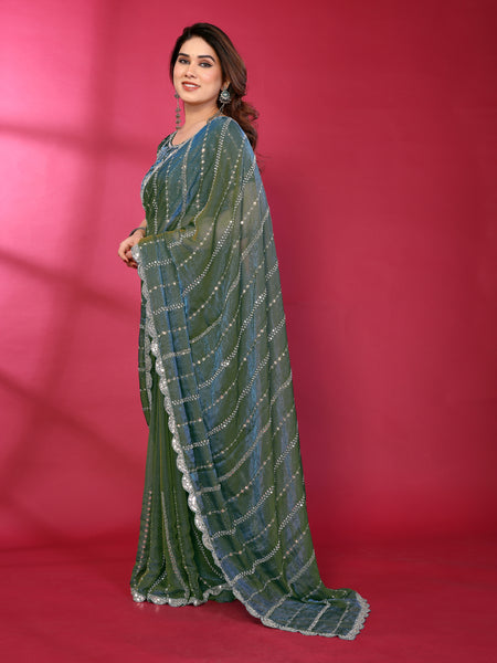 Morpich Teal Shimmer Georgette Sequin Embroidered Designer Saree
