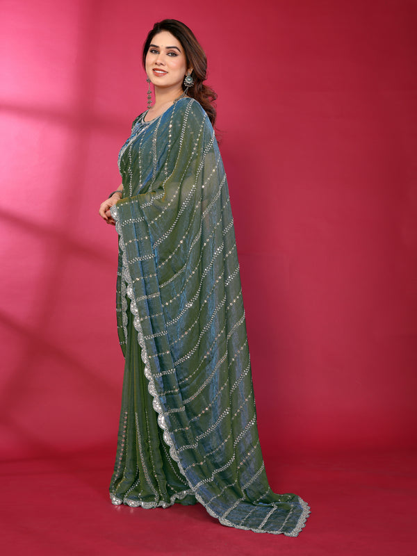 Morpich Teal Shimmer Georgette Sequin Embroidered Designer Saree