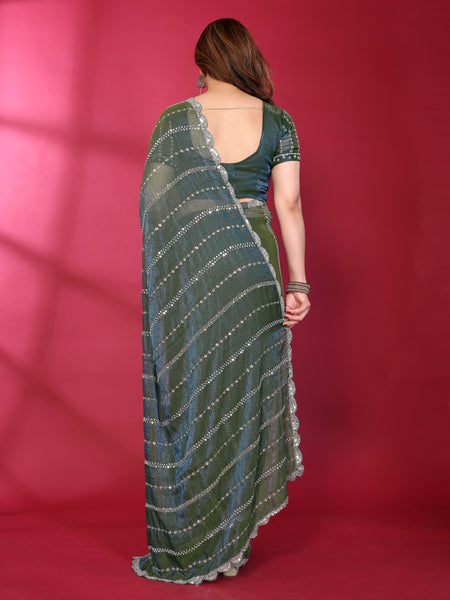 Morpich Teal Shimmer Georgette Sequin Embroidered Designer Saree