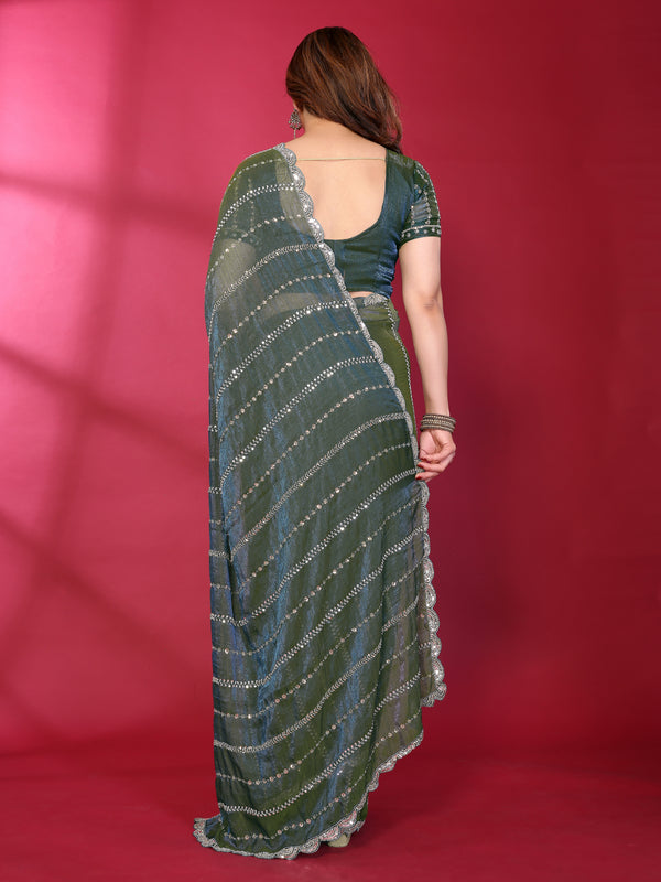 Morpich Teal Shimmer Georgette Sequin Embroidered Designer Saree