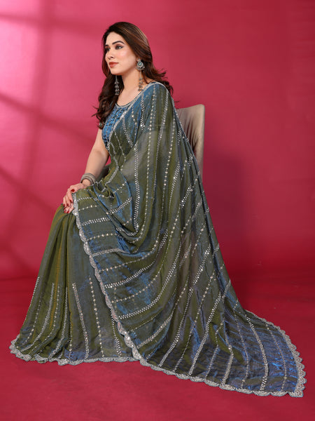 Morpich Teal Shimmer Georgette Sequin Embroidered Designer Saree