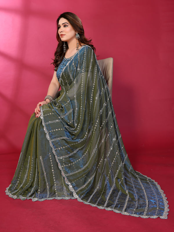 Morpich Teal Shimmer Georgette Sequin Embroidered Designer Saree
