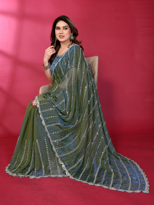 Morpich Teal Shimmer Georgette Sequin Embroidered Designer Saree