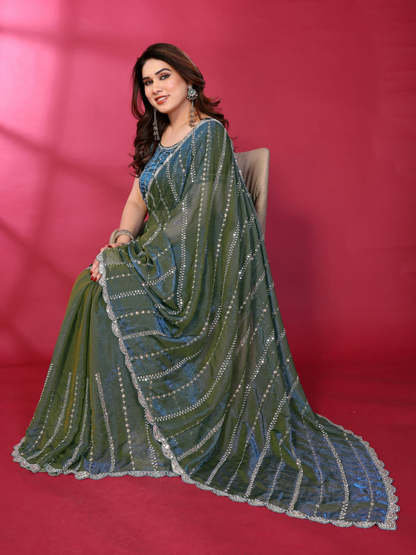 Morpich Teal Shimmer Georgette Sequin Embroidered Designer Saree