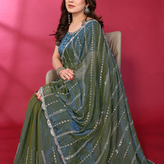 Morpich Teal Shimmer Georgette Sequin Embroidered Designer Saree