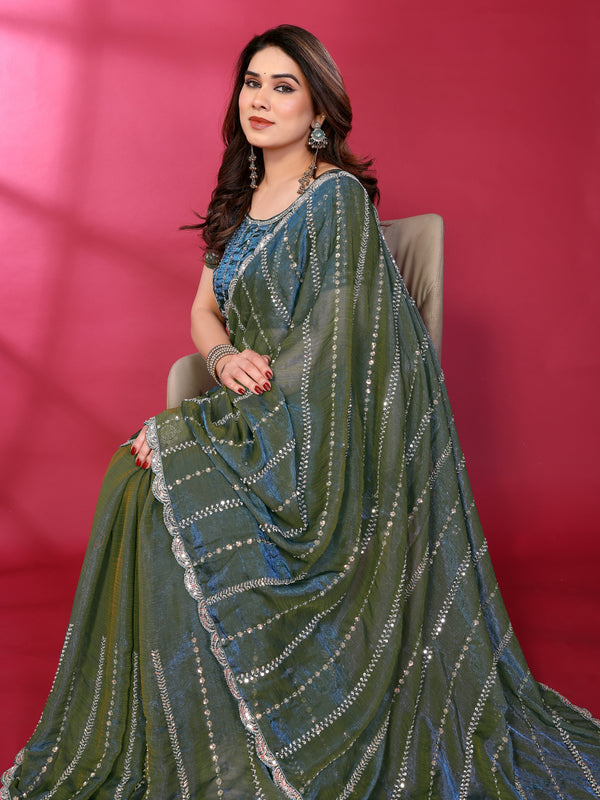 Morpich Teal Shimmer Georgette Sequin Embroidered Designer Saree