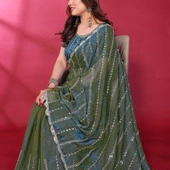 Morpich Teal Shimmer Georgette Sequin Embroidered Designer Saree