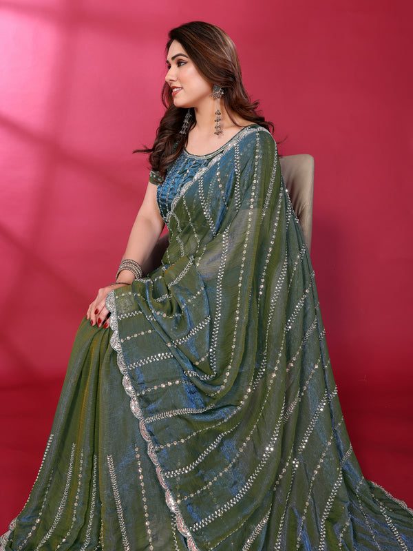 Morpich Teal Shimmer Georgette Sequin Embroidered Designer Saree