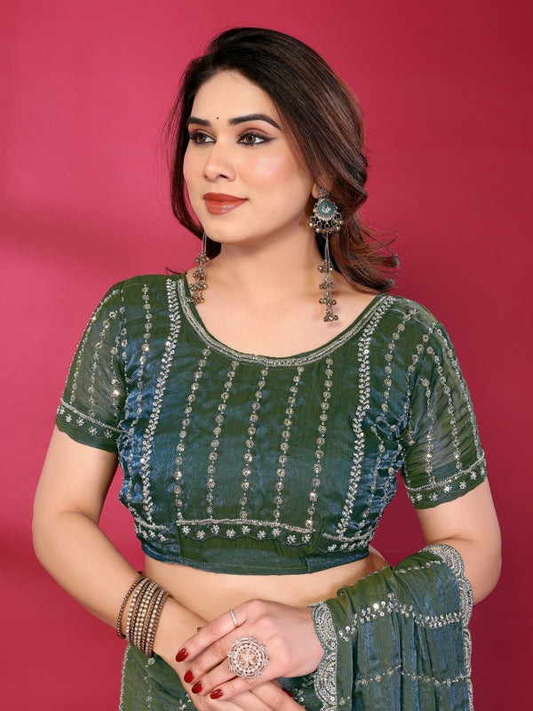Morpich Teal Shimmer Georgette Sequin Embroidered Designer Saree