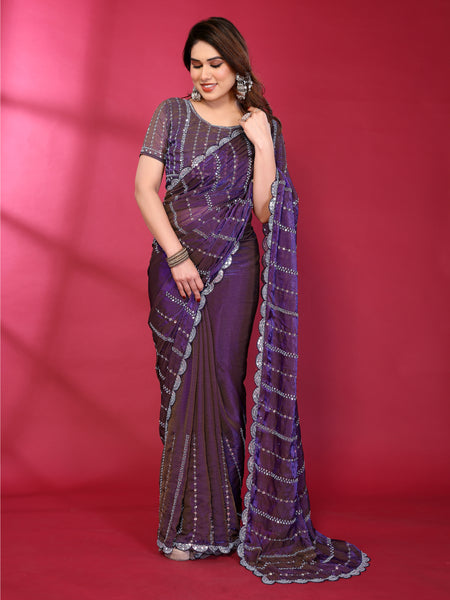 Purple Shimmer Net Sequin Embroidered Designer Saree