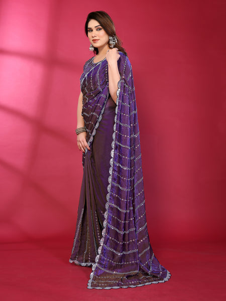 Purple Shimmer Net Sequin Embroidered Designer Saree