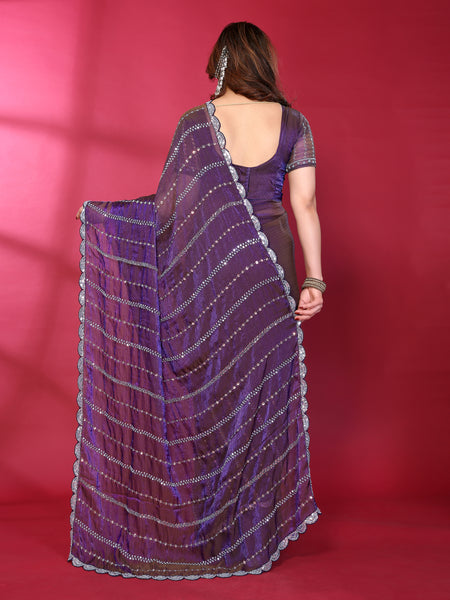 Purple Shimmer Net Sequin Embroidered Designer Saree