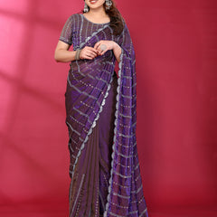 Purple Shimmer Net Sequin Embroidered Designer Saree