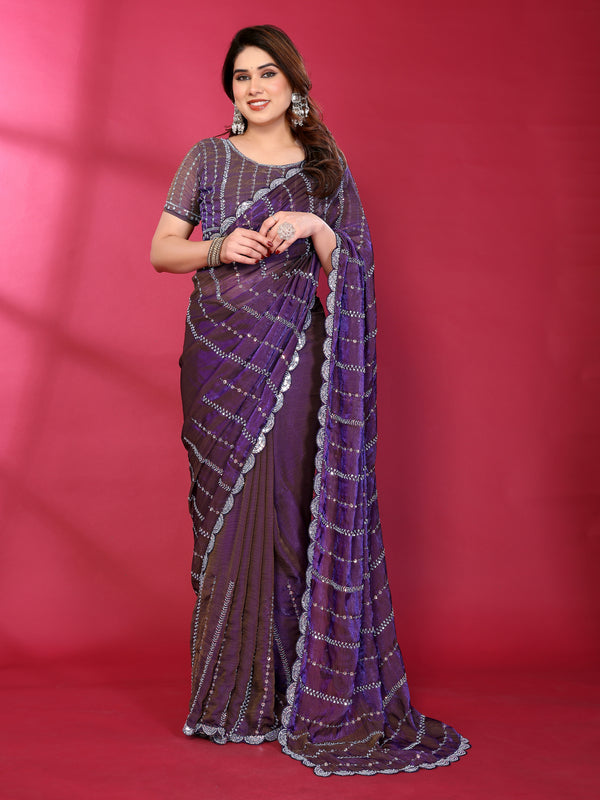 Purple Shimmer Net Sequin Embroidered Designer Saree
