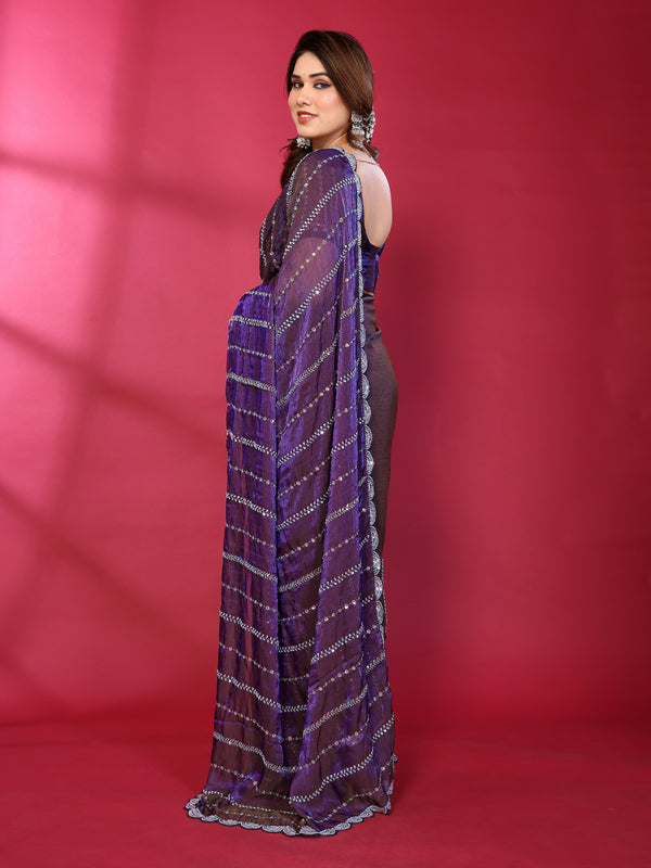 Purple Shimmer Net Sequin Embroidered Designer Saree