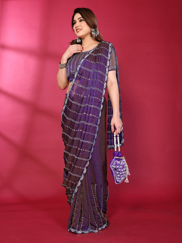 Purple Shimmer Net Sequin Embroidered Designer Saree