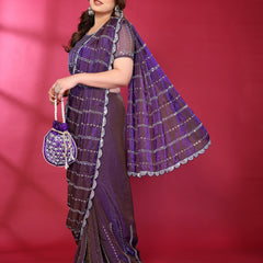 Purple Shimmer Net Sequin Embroidered Designer Saree