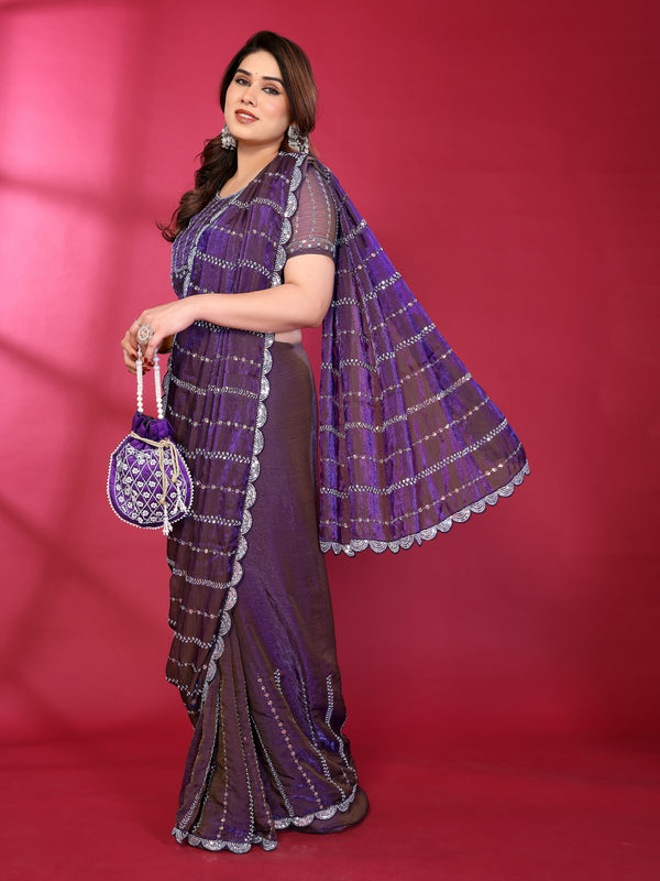 Purple Shimmer Net Sequin Embroidered Designer Saree