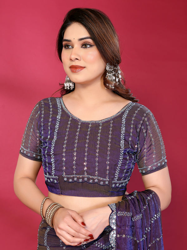 Purple Shimmer Net Sequin Embroidered Designer Saree